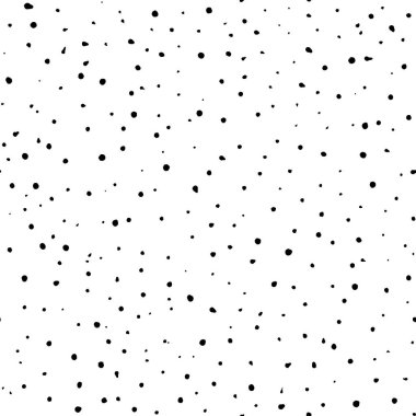 Vector seamless pattern with chaotic scattered confetti. Monochrome noisy texture. Hand drawn black uneven specks, spots, blobs. Grainy surface distress vector background. Grunge design with dots