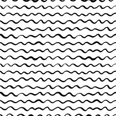 El yapımı deniz suyu modern vektör arka planı. Dalgalı karalama çizgileri olan kusursuz bir desen. Modern moda hippi boya fırçası çizgisi arka planı. Şık, dalgalı bir süs. Basit siyah ve beyaz dokusu.