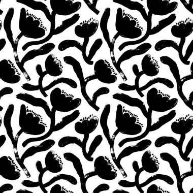 Seamless pattern with abstract flowers silhouettes. Hand drawn vector ornament with stylized tulip stems. Floral design, naive art style. Abstract blossom, trendy floral pattern in retro style.