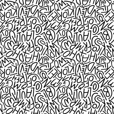 Seamless pattern with simple letters. Hand drawn typography print. Alphabet letters in doodle style vector ornament. Modern pen line lettering. Seamless abstract alphabets pattern on black and white