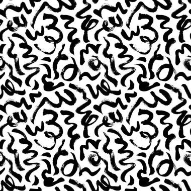Seamless pattern with chaotic curly lines. Messy doodles, bold curvy lines ornament. Hand drawn monochrome vector pattern. Black grunge brush strokes, swirls, bold curls. Chaotic scribbles.