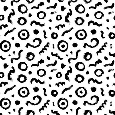 Seamless pattern with circles and curved lines. Creative organic style art background. Hand drawn childish brush strokes. Stylish monochrome doodles. Geometric vector pattern in black and white.