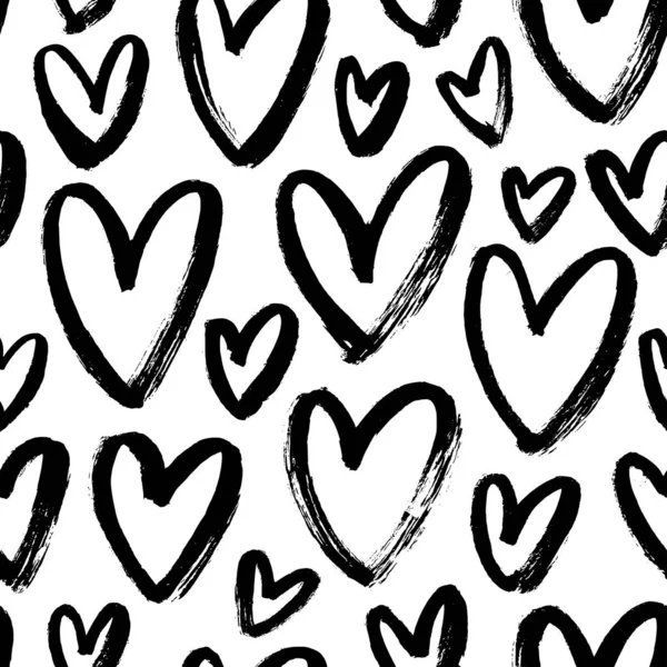Seamless Patterns Black Hearts Trendy Texture Jumble Hearts Hand Drawn — Vetor de Stock