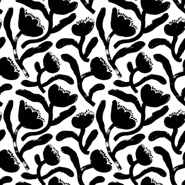 Seamless Pattern Abstract Flowers Silhouettes Hand Drawn Vector Ornament Stylized — Archivo Imágenes Vectoriales