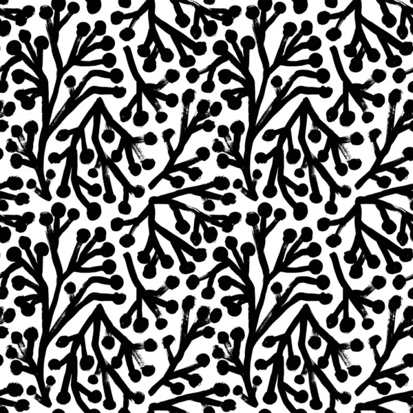 Seamless Christmas Pattern Berry Branches Hand Drawn Black Bold Branches Stockvektor