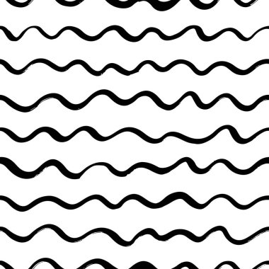 El yapımı deniz suyu modern vektör arka planı. Dalgalı karalama çizgileri olan kusursuz bir desen. Modern moda hippi boya fırçası çizgisi arka planı. Şık, dalgalı bir süs. Basit siyah ve beyaz dokusu.