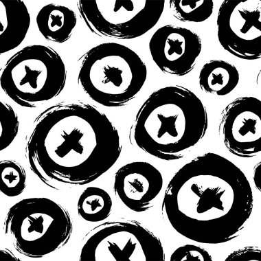 Seamless pattern with bold circles and crosses. Hand drawn vector black ink ornament. Abstract background with geometric brush strokes. Trendy texture with pluses or crosses, symbols of kisses