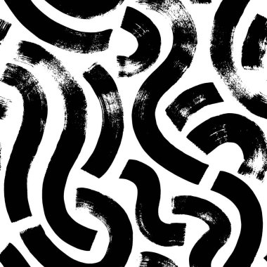 Kalın kıvrımlı çizgiler vektörsüz desen. Tek renkli organik dalgalı ve S şeklinde şeritler. Siyah fırça darbeleri süs eşyası. Siyah ve beyaz organik labirent çizgileri. Serbest stil basit şekiller