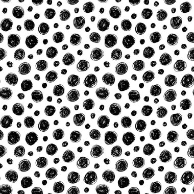 Doodle small circles seamless pattern. Vector simple geometric ornament. Polka dot grunge texture. Hand drawn black and white modern wallpaper. Brush smear stains seamless pattern