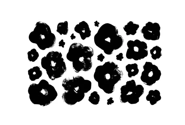 矢量集的油墨画花卉轮廓 单色植物艺术插图与洋甘菊 茴香和罂粟 素描植物系列 黑色粗体笔画 — 图库矢量图片