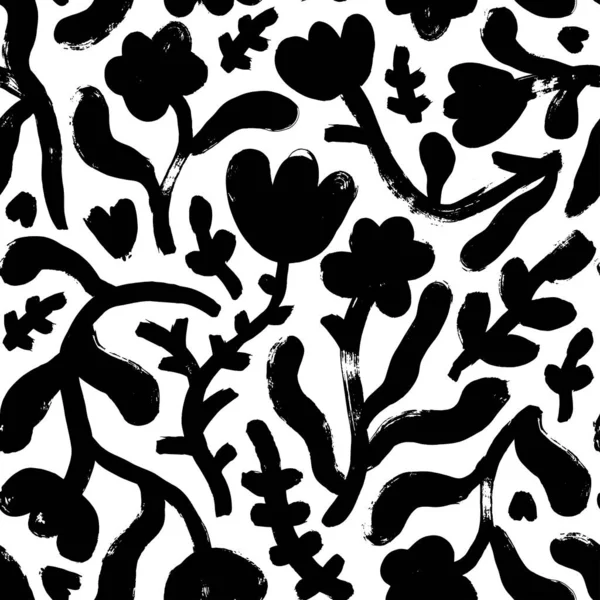 无缝隙的花纹与草甸的花朵轮廓 摘要花卉 各种分枝 植物茎 手绘简单的矢量装饰品与黑色小花 洋甘菊 几何植物学 免版税图库插图