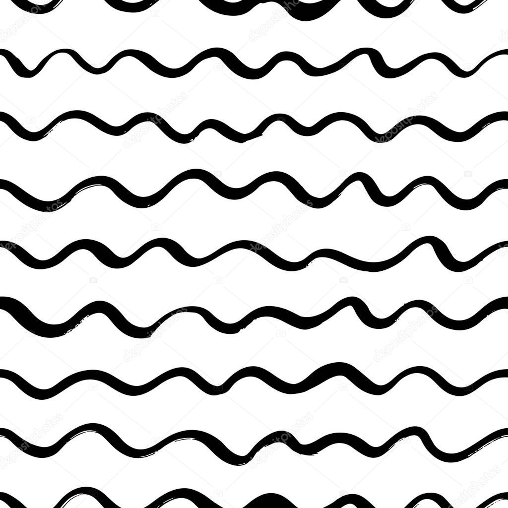 Hand drawn sea water modern vector background. Seamless pattern with wavy doodle lines. Modern trendy hipster paintbrush line background. Stylish wavy ornament. Simple black and white texture.