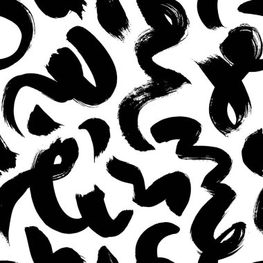 Dalgalı ve kıvrımlı fırça darbeleri pürüzsüz desen. Siyah el yazısı karalamaları, grunge kıvrımlı çizgiler. Modern basit organik doku. Serbest vektör eğimli fırça darbeleri. Soyut duvar kağıdı tasarımı