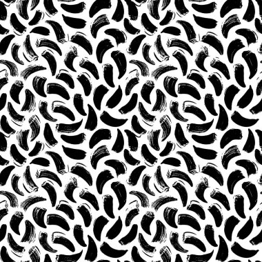 Seamless pattern with small curved brush strokes. Hand drawn organic black and white texture. Dashes, black small lines. Ethnic print, boho motif ornament. Vector repeating simple texture