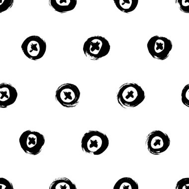 Seamless pattern with bold circles and crosses. Hand drawn vector black ink ornament. Abstract background with geometric brush strokes. Trendy texture with pluses or crosses, symbols of kisses