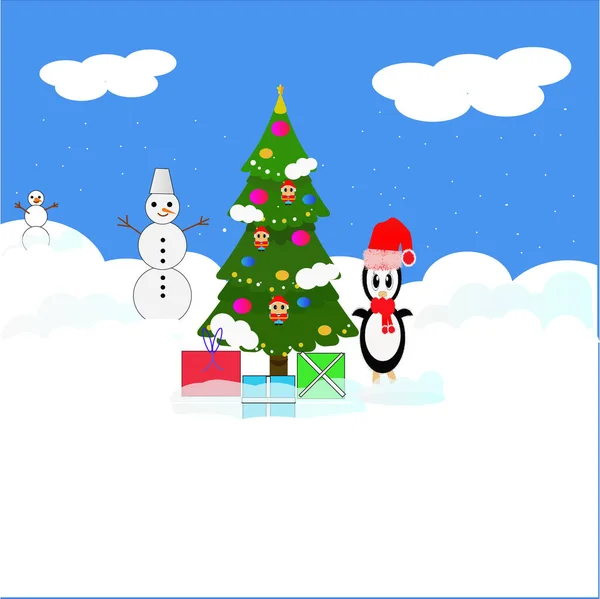 Enguin Christmas Tree Gifts Snowmen — Fotografia de Stock