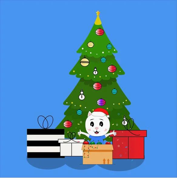 猫与圣诞树和礼物 — 图库照片