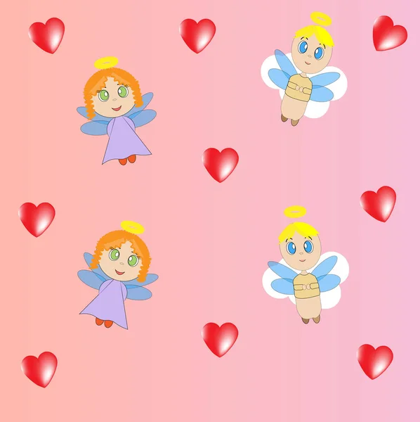 Téma Valentýna Roztomilí Andělé Srdce Růžovém Pozadí — Stock fotografie
