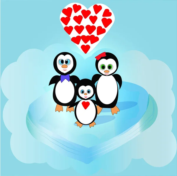 Ilustración Pingüinos Lindos Pareja Con Corazones Rojos —  Fotos de Stock