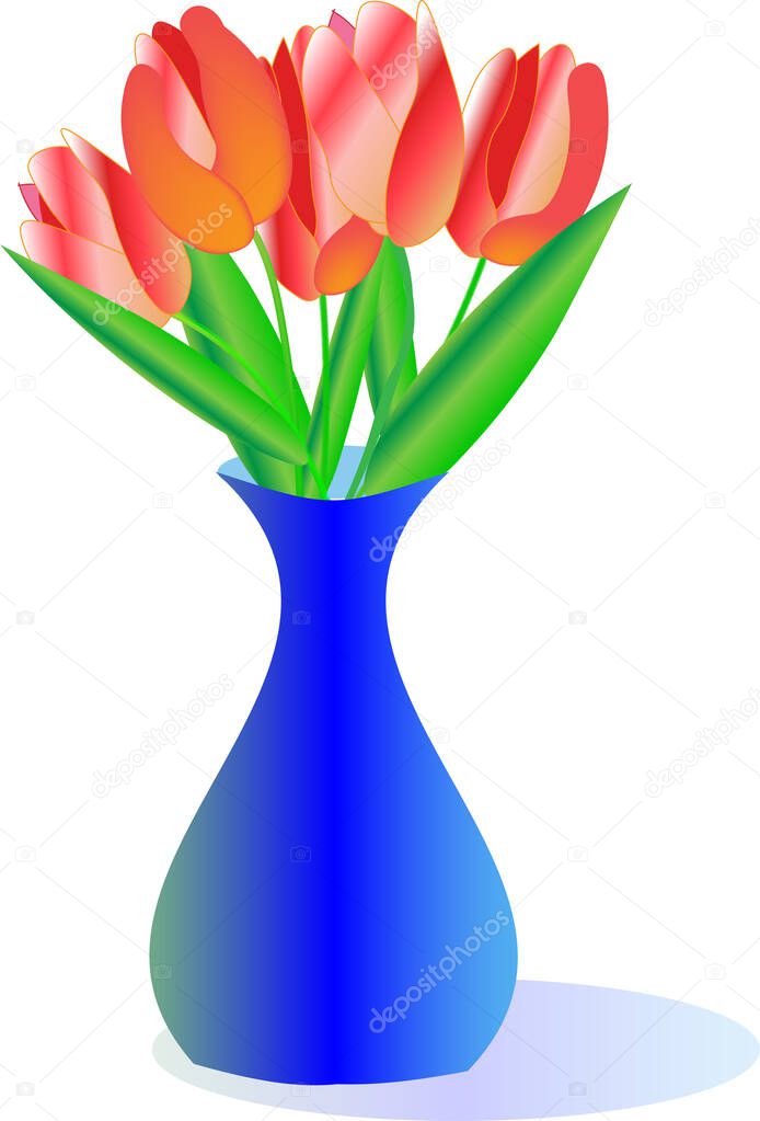 Five Red Orange Fresh Cut Tulips In Blue Vase