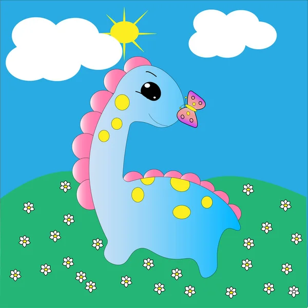 A small cute dinosaur or dragon with a butterfly on its nose