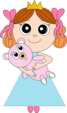 Küçük kız oyuncak ayıya sarılıyor.