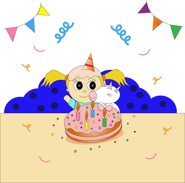 Illustration Von Cute Girl Mit Big Birthday Cake — Stockfoto