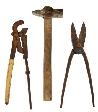 eski izole araçları: ayarlanabilir anahtarı, çekiç, makaslar, metal için