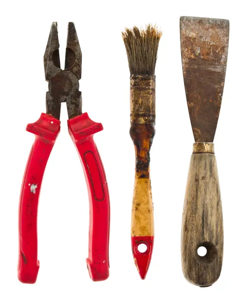 Old isolated tools:putty knife, pliers, brush — Stock Photo, Image