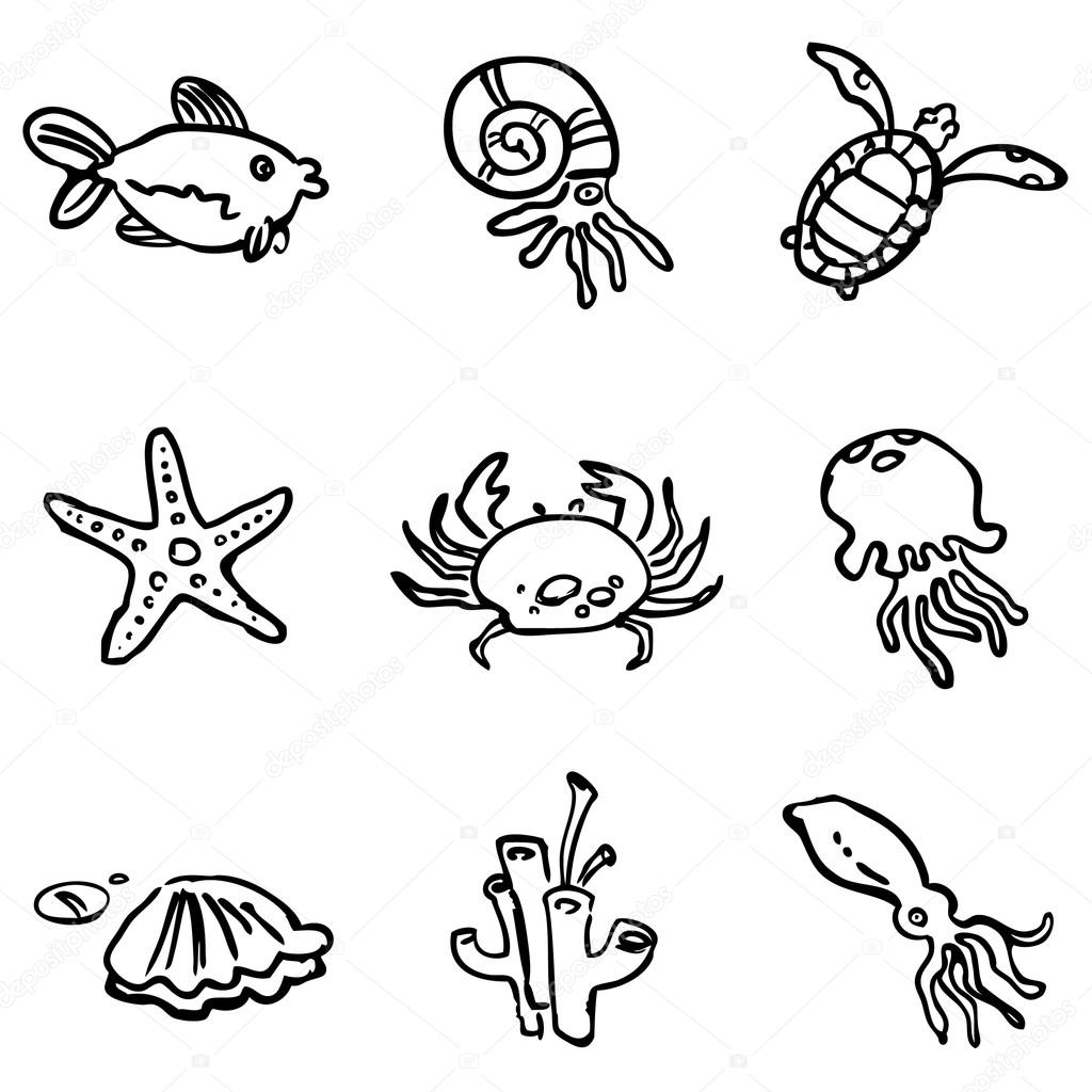 Sea fauna child illustration icon set