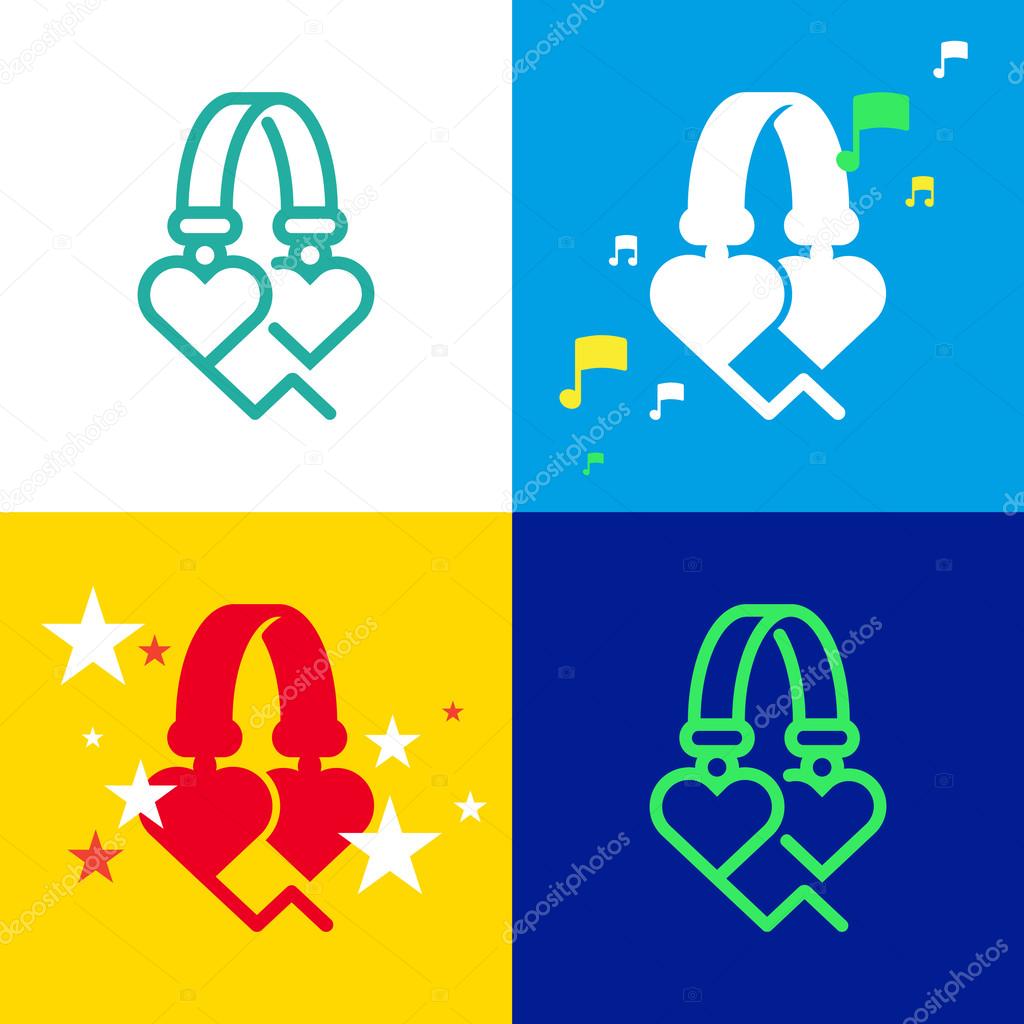 Headphones with heart-shaped load speakers. Vector graphic icon.