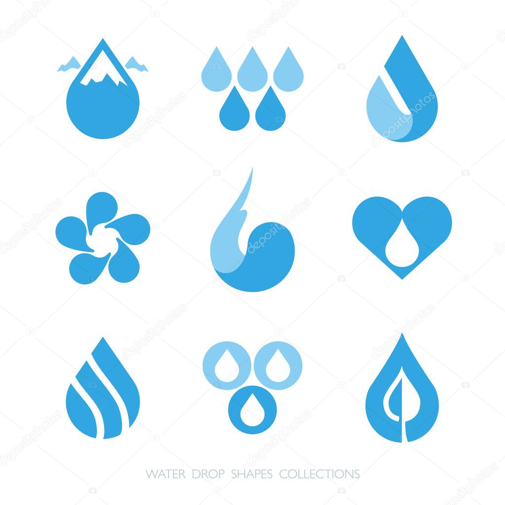 Water drop shapes collection. Vector icon set at 1 and 2 colors.