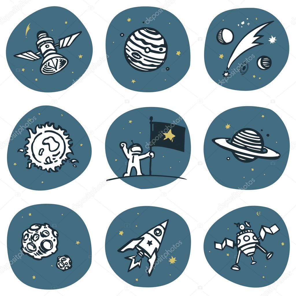 Cosmonaut and space objects icon set. Vector image set, 3 colors.