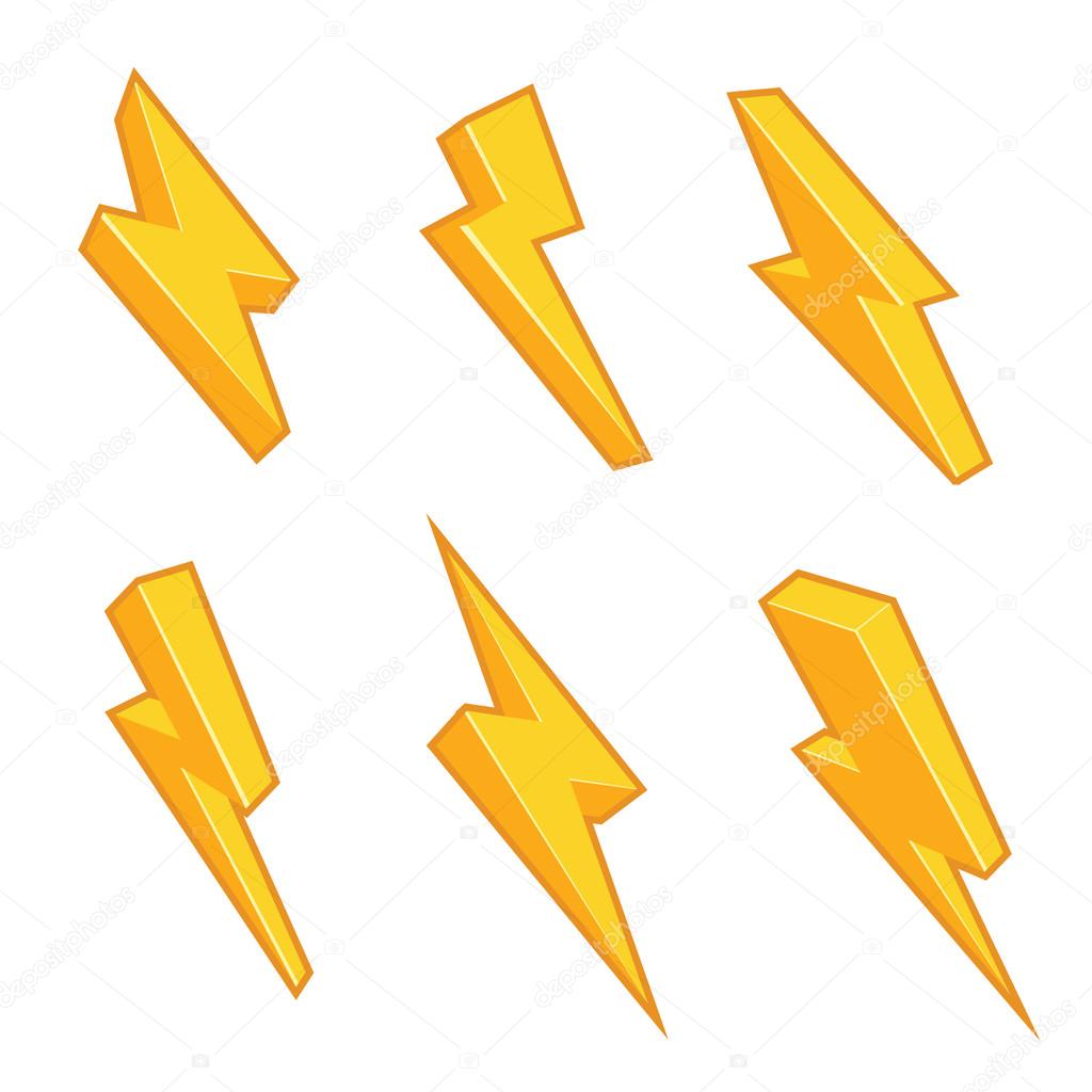 Lightning bolts with stroke isolated on white. 4 solid colors, no gradients. Vector graphics set.