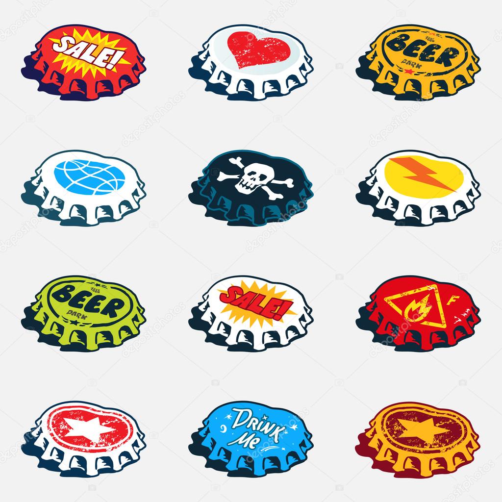 Collection of bended bottle caps with different labels. Vector graphics set.