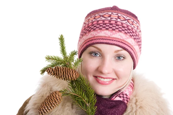 Ragazza con un ramo di ragazza albero di pelliccia con un ramo di albero di pelliccia — Foto Stock