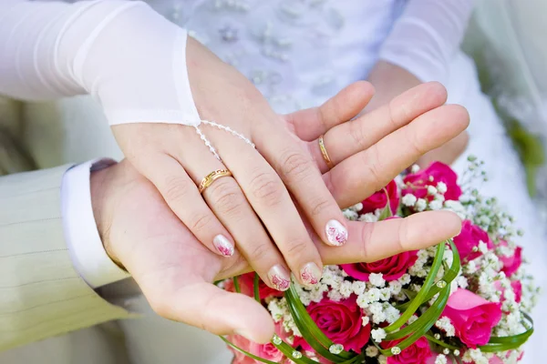 Two hands of a just married couple Stock Photo