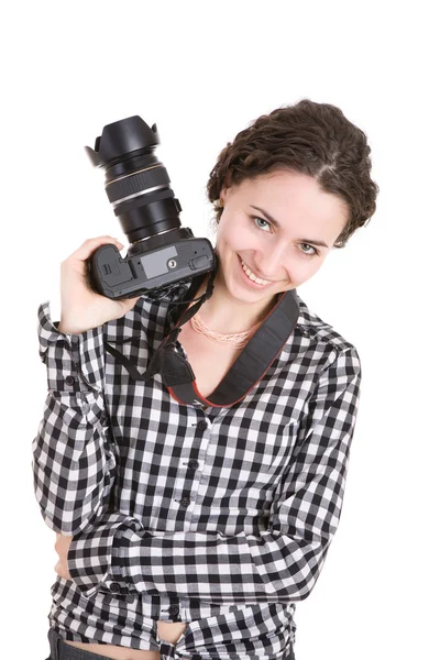 Menina bonita segurando uma câmera de fotos — Fotografia de Stock