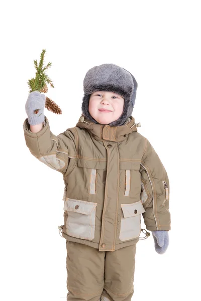 一个男孩在冬季大衣与皮草树的分支 — 图库照片