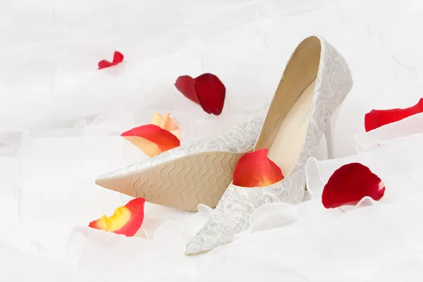 Wedding shoes and rose petails — Stock Photo, Image