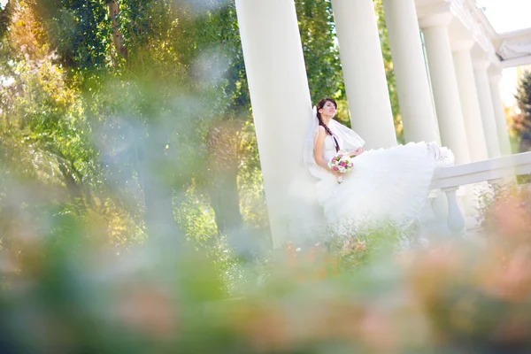 Braut in Säulen und Blättern — Stockfoto
