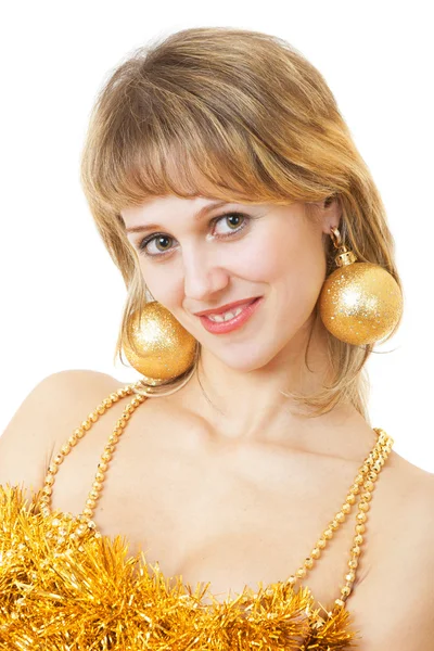 Girl with earrings as Christmas balls — Stock Photo, Image