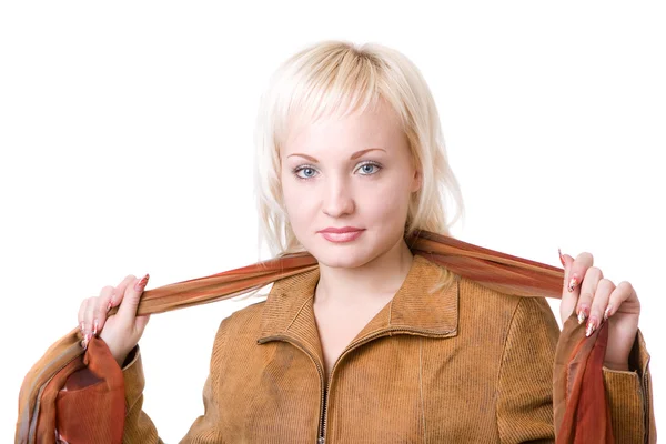 Woman in orange jacket with scarf — Stock Photo, Image