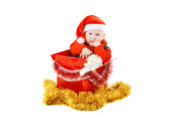 Infant with gifts in the christmas box — Stock Photo, Image