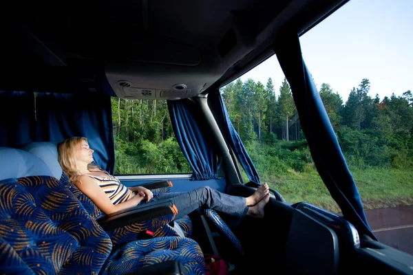 Girl in a long-distance bus — Stock Photo, Image