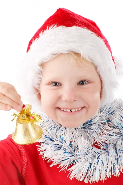 Pequeno Papai Noel tocando um sino — Fotografia de Stock