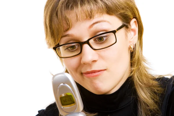 Menina perplexo com o telefone — Fotografia de Stock