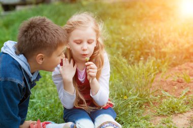 kız ve oğlan üfle karahindiba