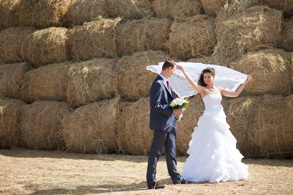 Wedding couple near the hay — Stock Photo, Image