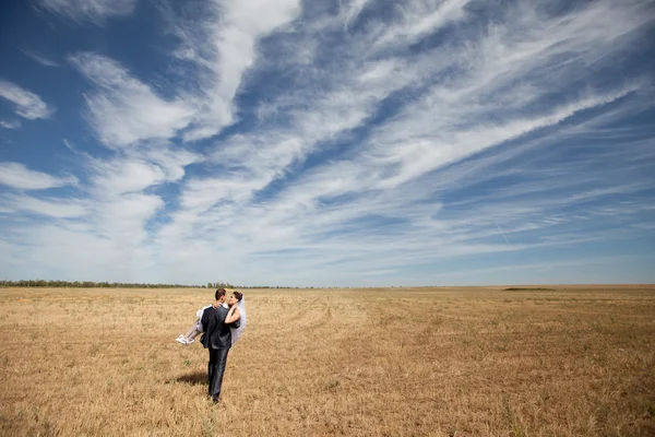 Свадебная пара на поле — стоковое фото